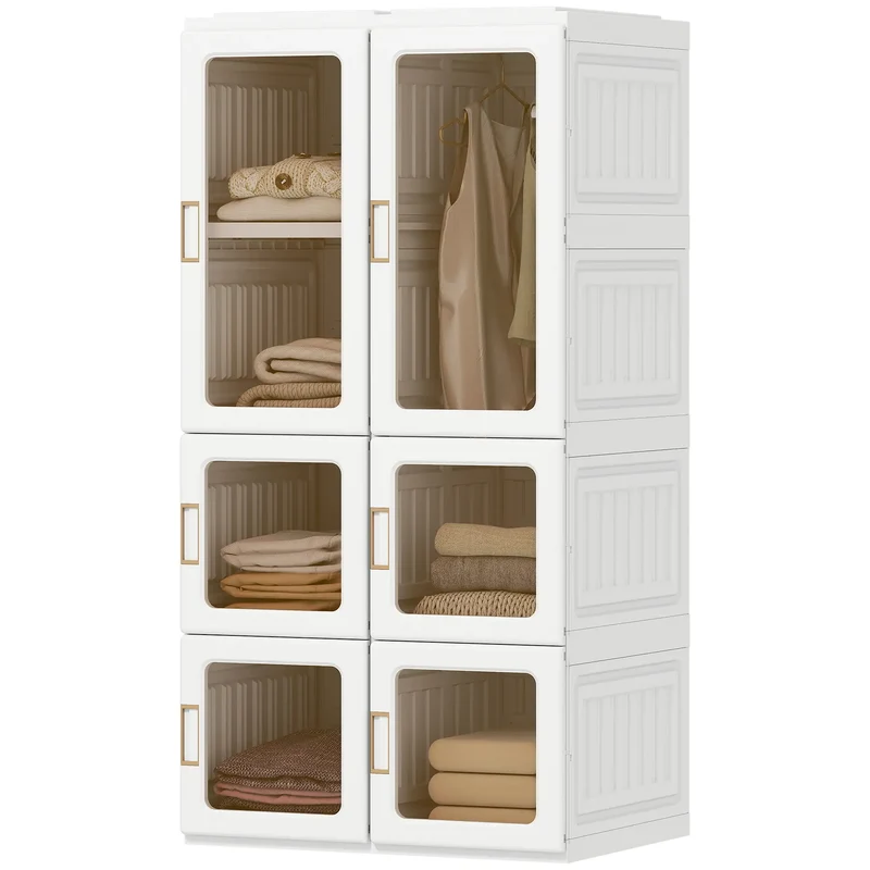 Portable Wardrobe, Foldable Plastic Closet, 5 Compartments, Hanging Rod, White