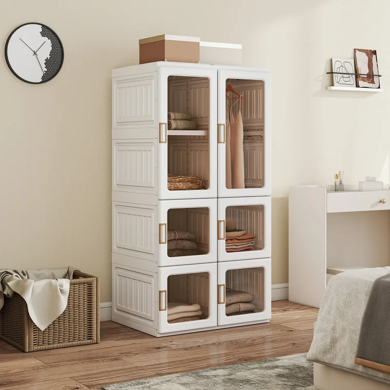 Portable Wardrobe, Foldable Plastic Closet, 5 Compartments, Hanging Rod, White