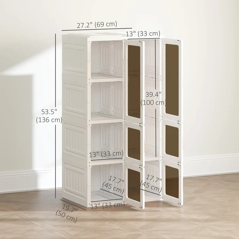 Portable Wardrobe, Foldable Plastic Closet, 5 Compartments, Hanging Rod, White