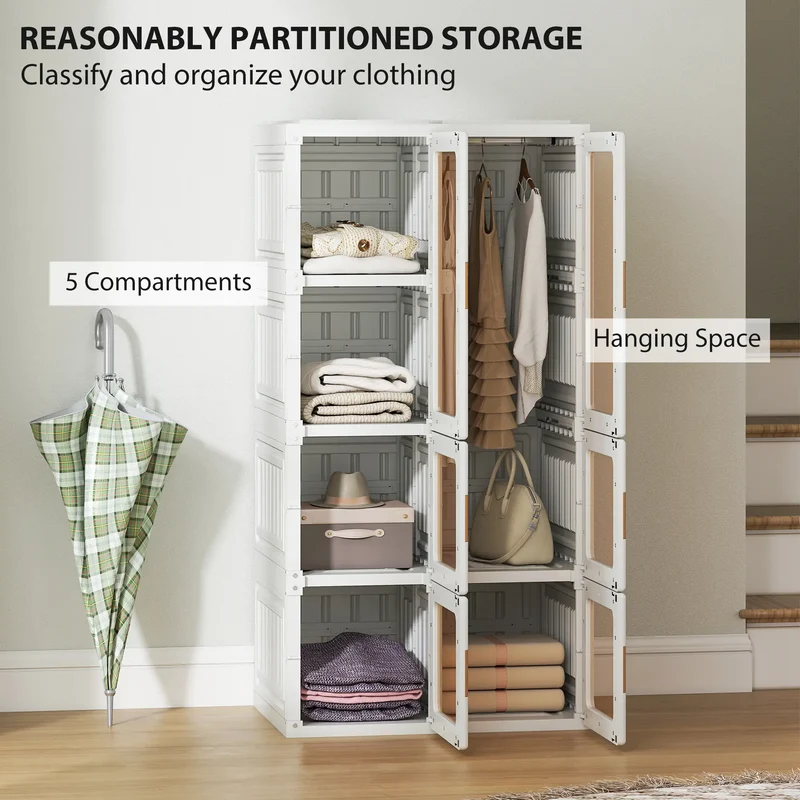 Portable Wardrobe, Foldable Plastic Closet, 5 Compartments, Hanging Rod, White