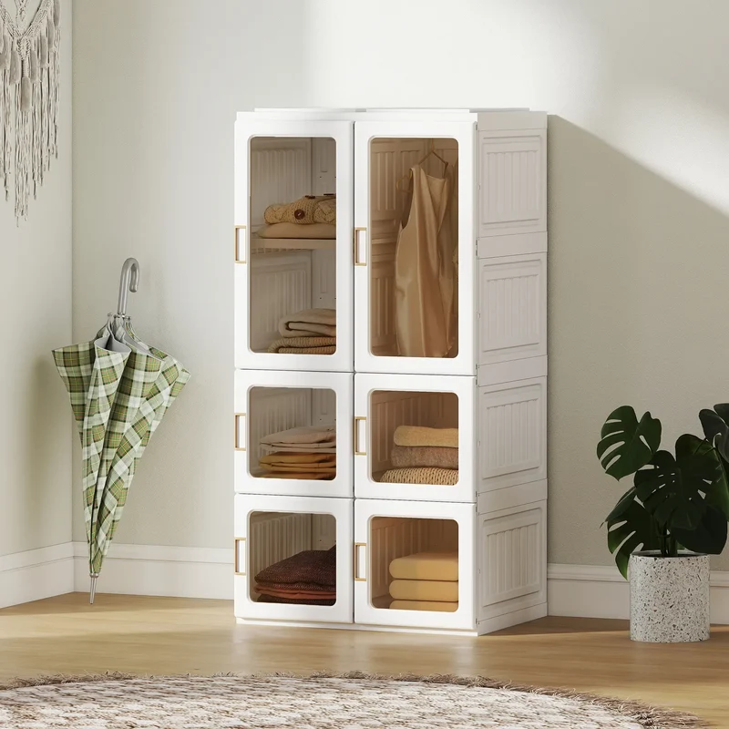 Portable Wardrobe, Foldable Plastic Closet, 5 Compartments, Hanging Rod, White