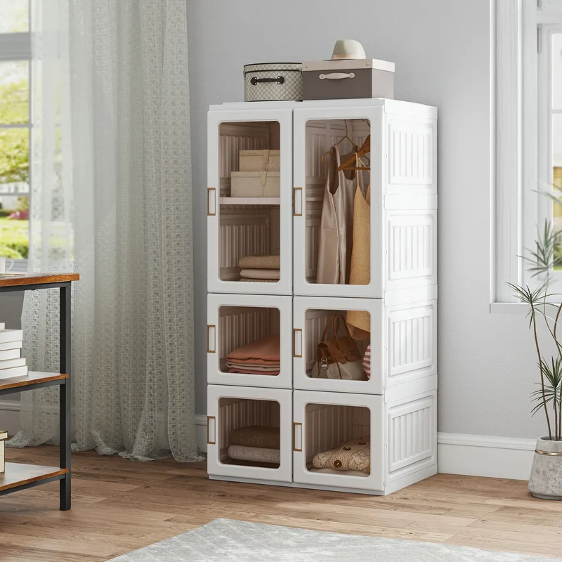 Portable Wardrobe, Foldable Plastic Closet, 5 Compartments, Hanging Rod, White