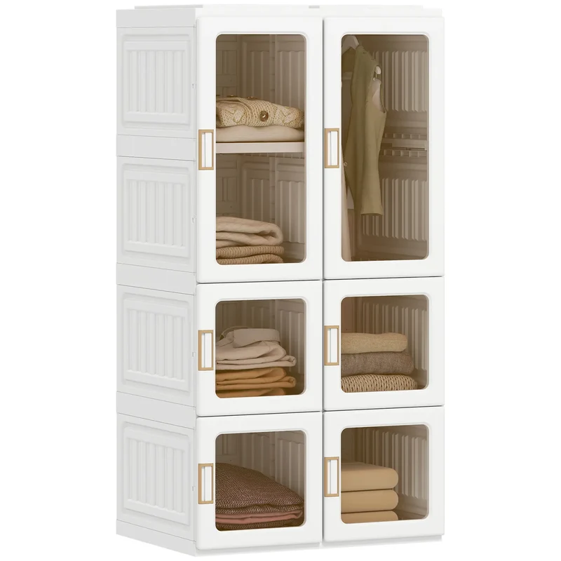 Portable Wardrobe, Foldable Plastic Closet, 5 Compartments, Hanging Rod, White