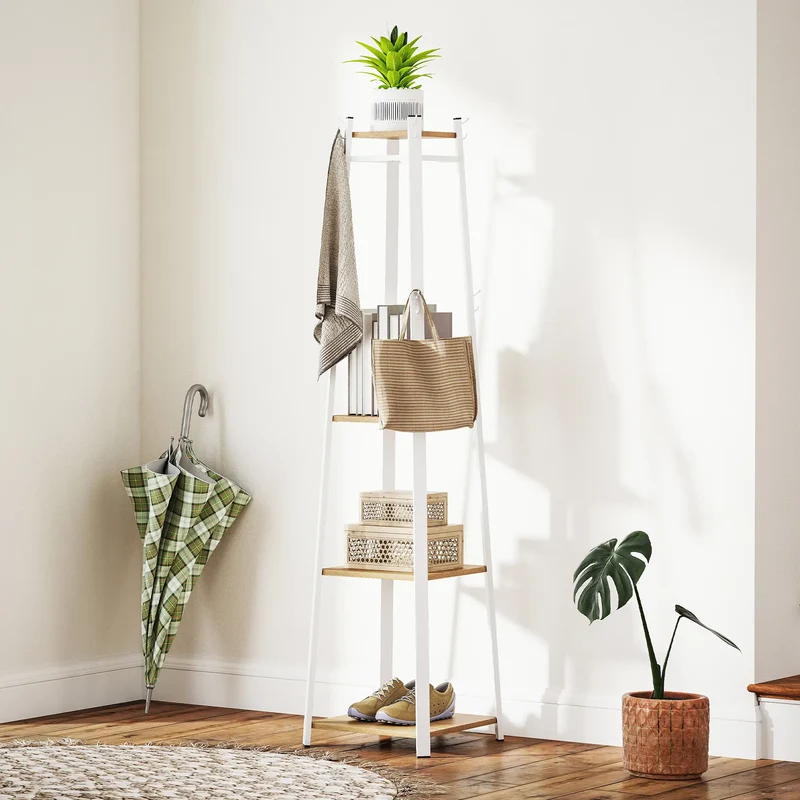 Clothes Rack with Storage, 8 Hooks, 3-Tier Shelf, Oak