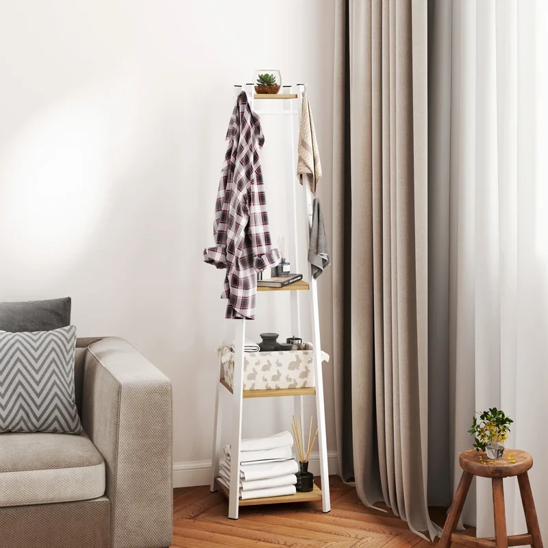 Clothes Rack with Storage, 8 Hooks, 3-Tier Shelf, Oak