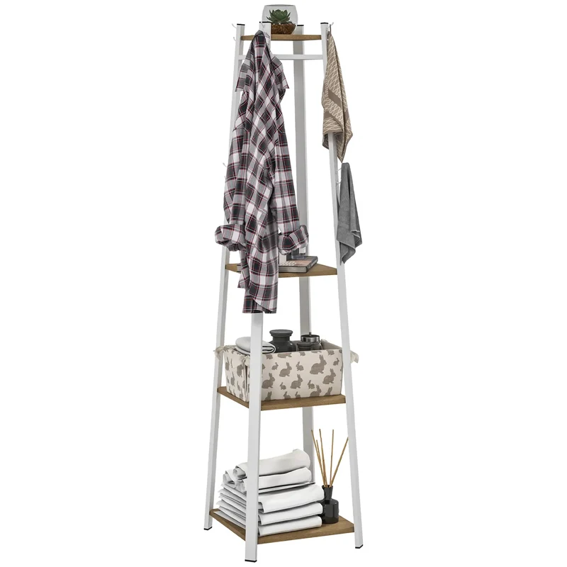 Clothes Rack with Storage, 8 Hooks, 3-Tier Shelf, Oak