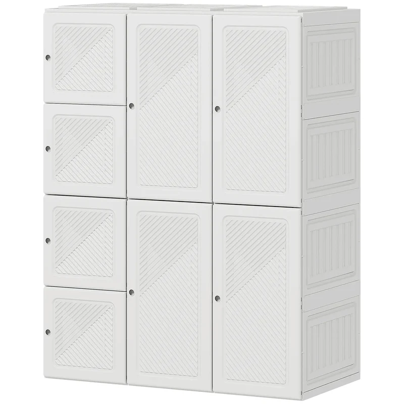 Portable Wardrobe, Foldable Plastic Closet, 8 Compartments, 2 Hanging Rods, White