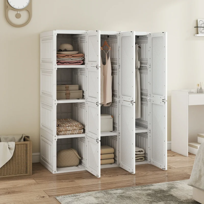 Portable Wardrobe, Foldable Plastic Closet, 8 Compartments, 2 Hanging Rods, White