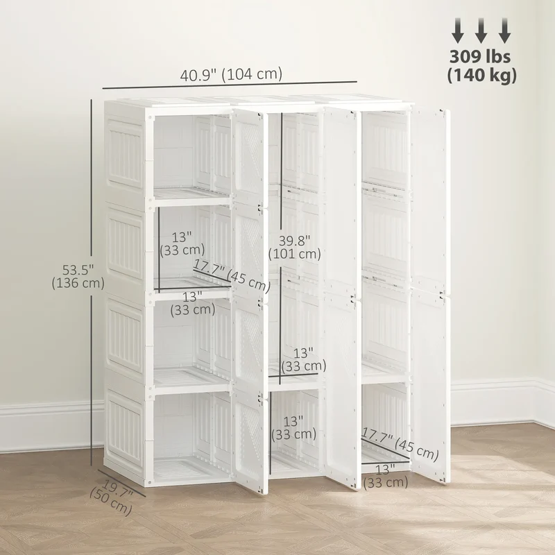 Portable Wardrobe, Foldable Plastic Closet, 8 Compartments, 2 Hanging Rods, White