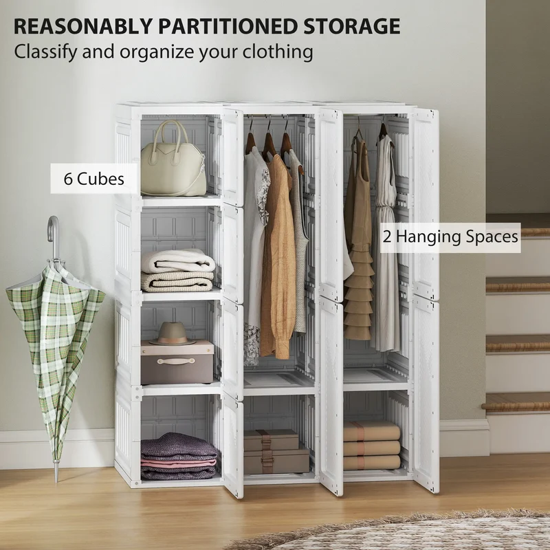 Portable Wardrobe, Foldable Plastic Closet, 8 Compartments, 2 Hanging Rods, White