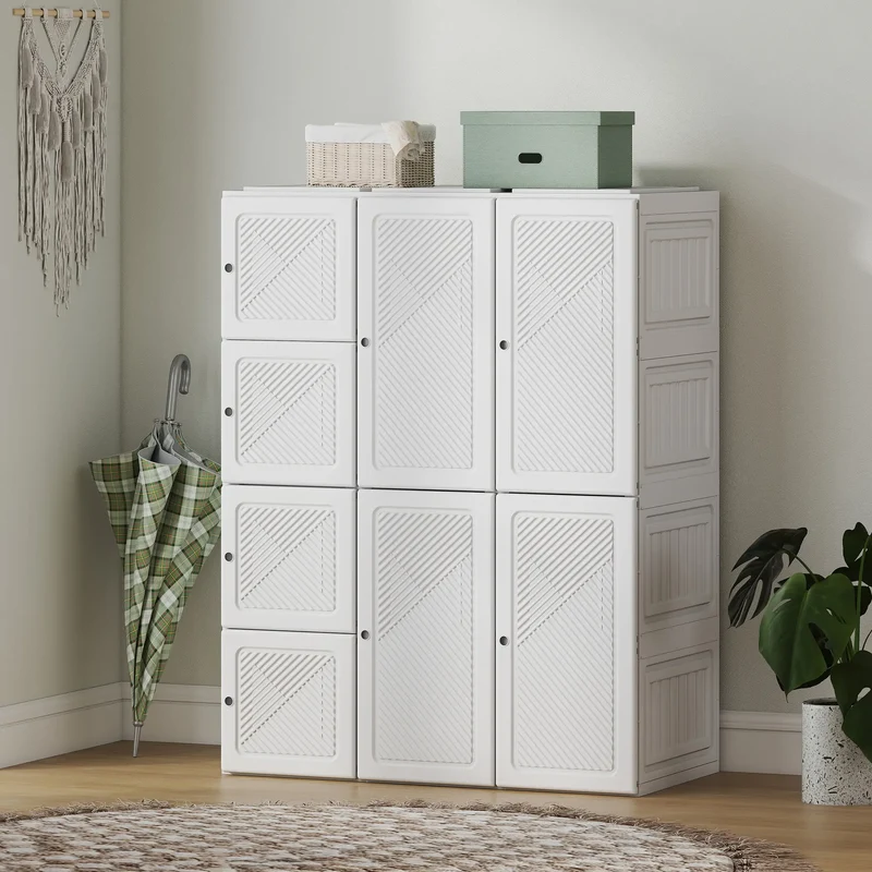 Portable Wardrobe, Foldable Plastic Closet, 8 Compartments, 2 Hanging Rods, White