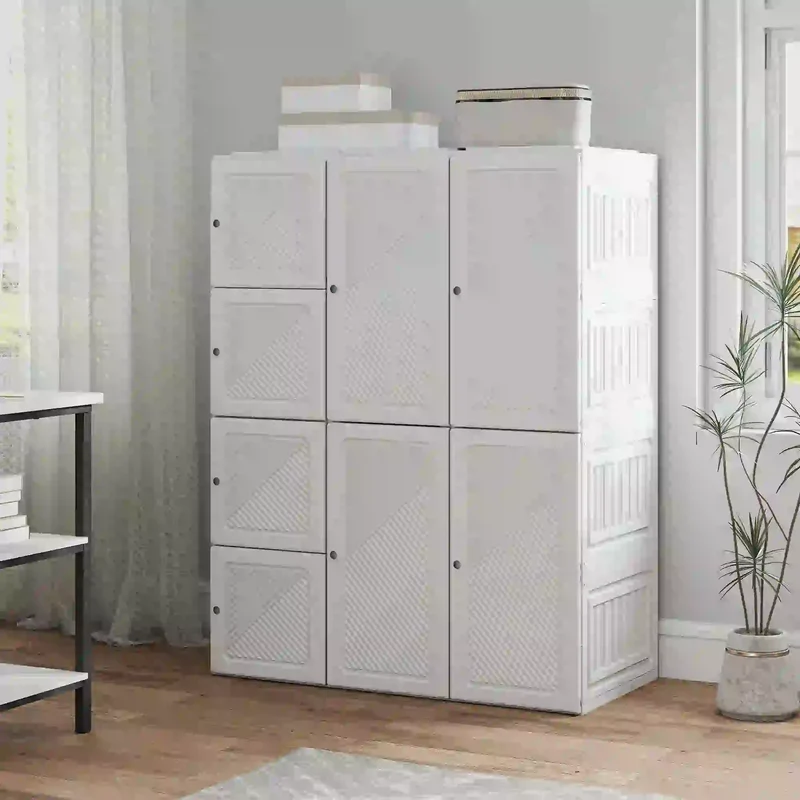 Portable Wardrobe, Foldable Plastic Closet, 8 Compartments, 2 Hanging Rods, White