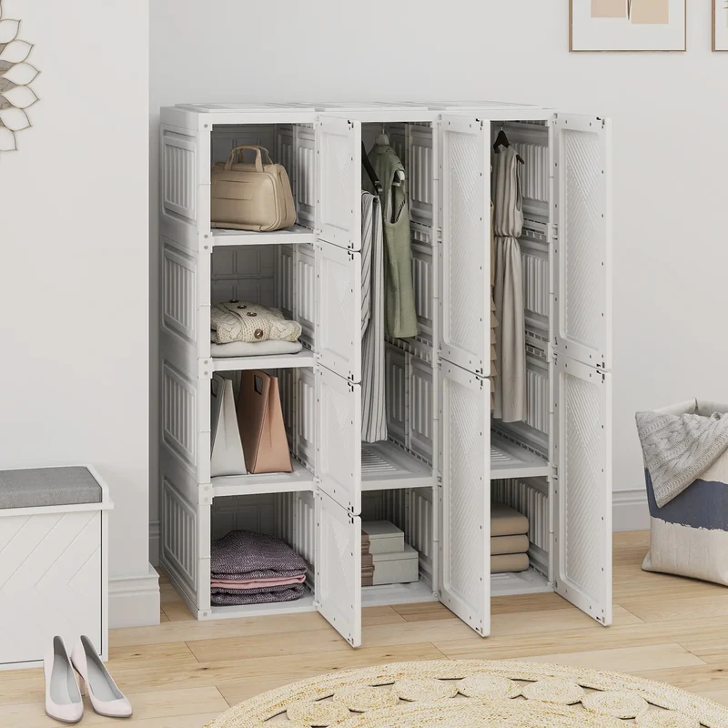 Portable Wardrobe, Foldable Plastic Closet, 8 Compartments, 2 Hanging Rods, White