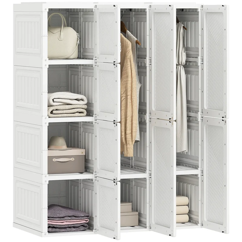 Portable Wardrobe, Foldable Plastic Closet, 8 Compartments, 2 Hanging Rods, White