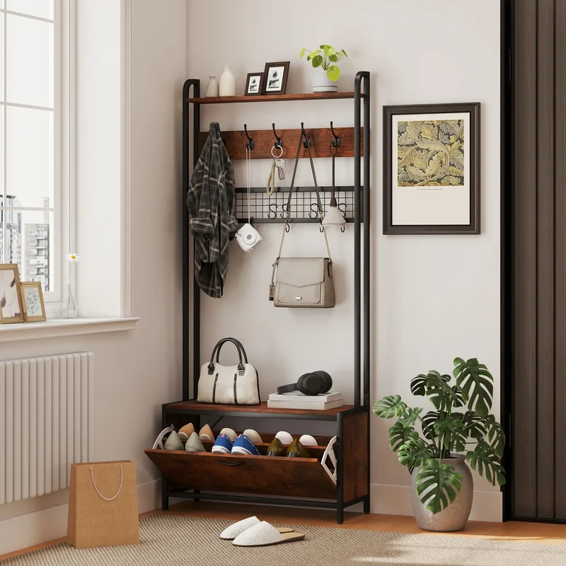 5-In-1 Coat Rack Shoe Bench, Hall Tree with Bench, 10 Hooks, Rustic Brown