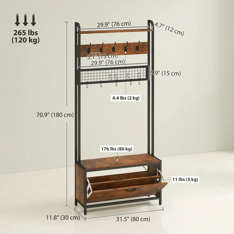 5-In-1 Coat Rack Shoe Bench, Hall Tree with Bench, 10 Hooks, Rustic Brown