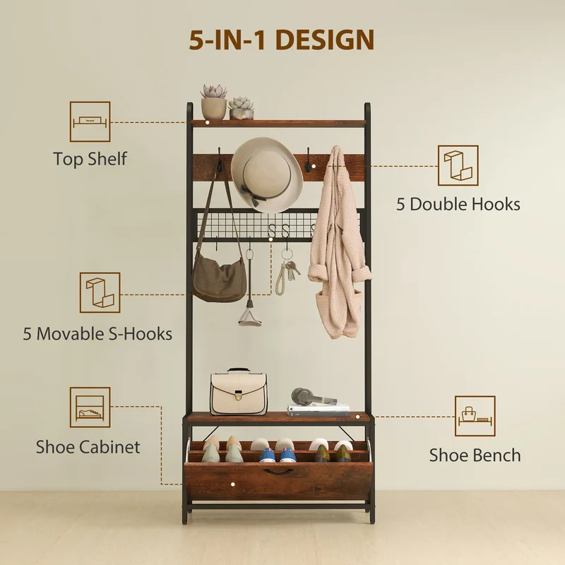 5-In-1 Coat Rack Shoe Bench, Hall Tree with Bench, 10 Hooks, Rustic Brown