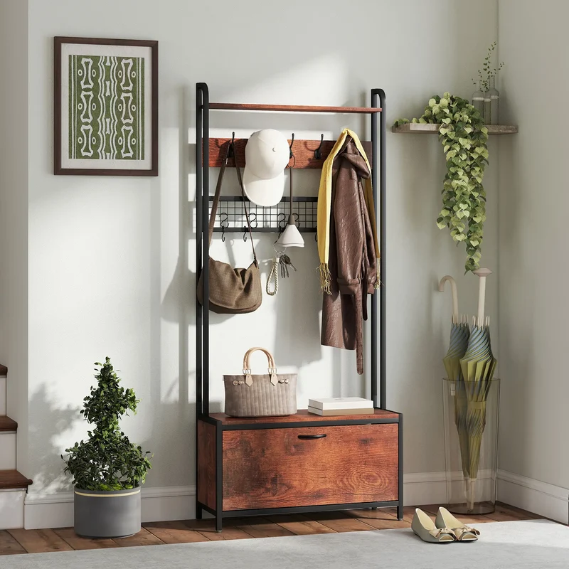5-In-1 Coat Rack Shoe Bench, Hall Tree with Bench, 10 Hooks, Rustic Brown