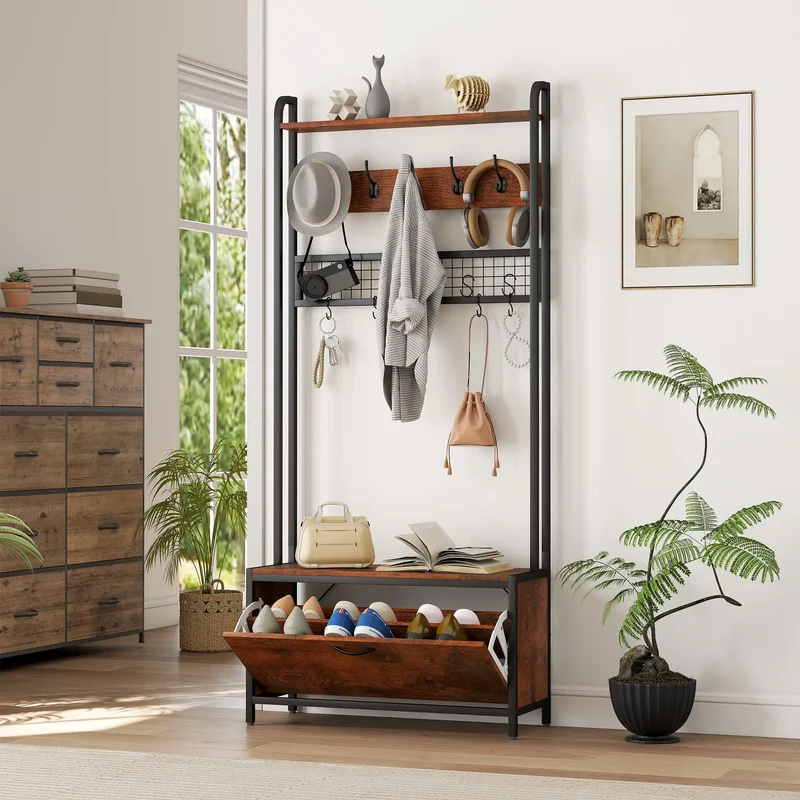 5-In-1 Coat Rack Shoe Bench, Hall Tree with Bench, 10 Hooks, Rustic Brown