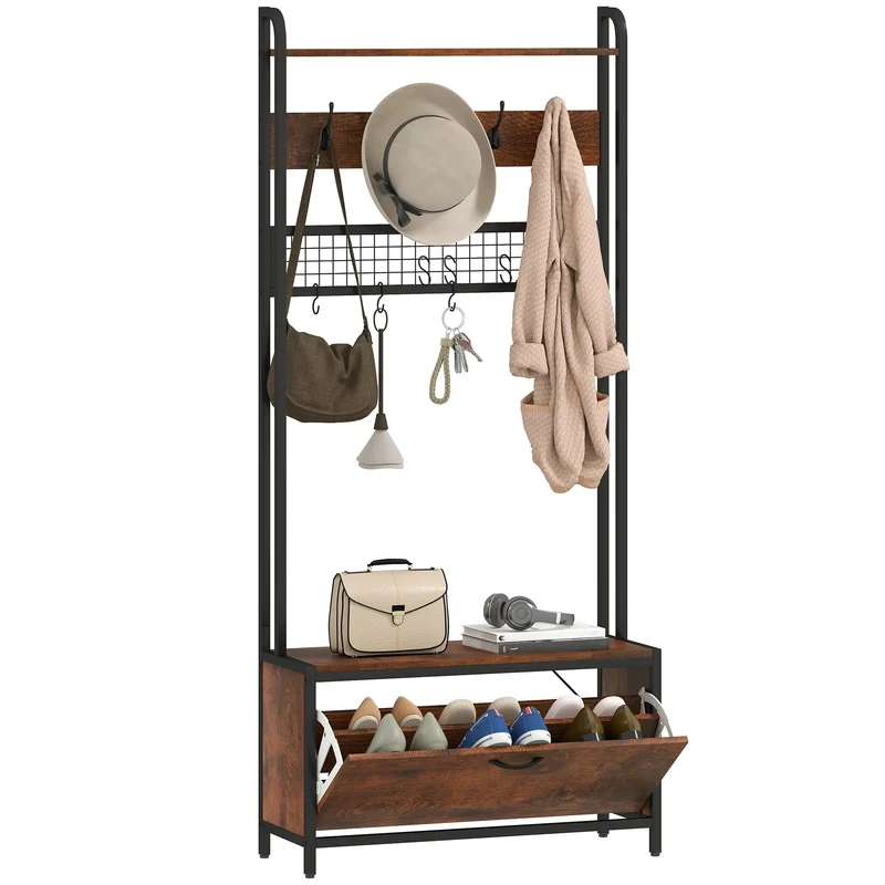 5-In-1 Coat Rack Shoe Bench, Hall Tree with Bench, 10 Hooks, Rustic Brown
