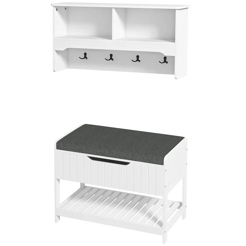 Wall Mounted Coat Rack, Shoe Storage Bench, Hall Tree, White