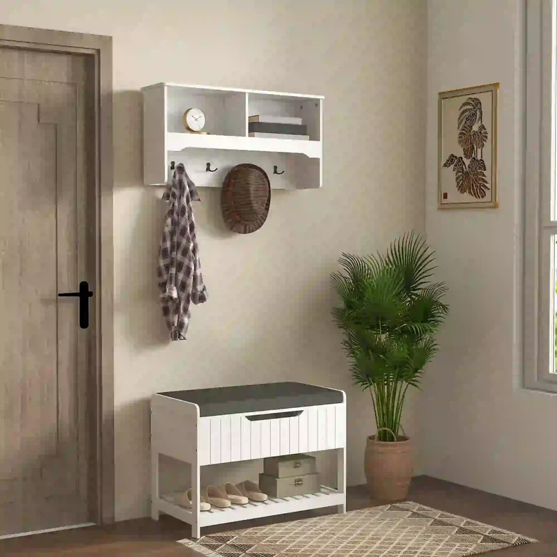 Wall Mounted Coat Rack, Shoe Storage Bench, Hall Tree, White