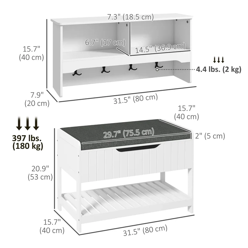 Wall Mounted Coat Rack, Shoe Storage Bench, Hall Tree, White