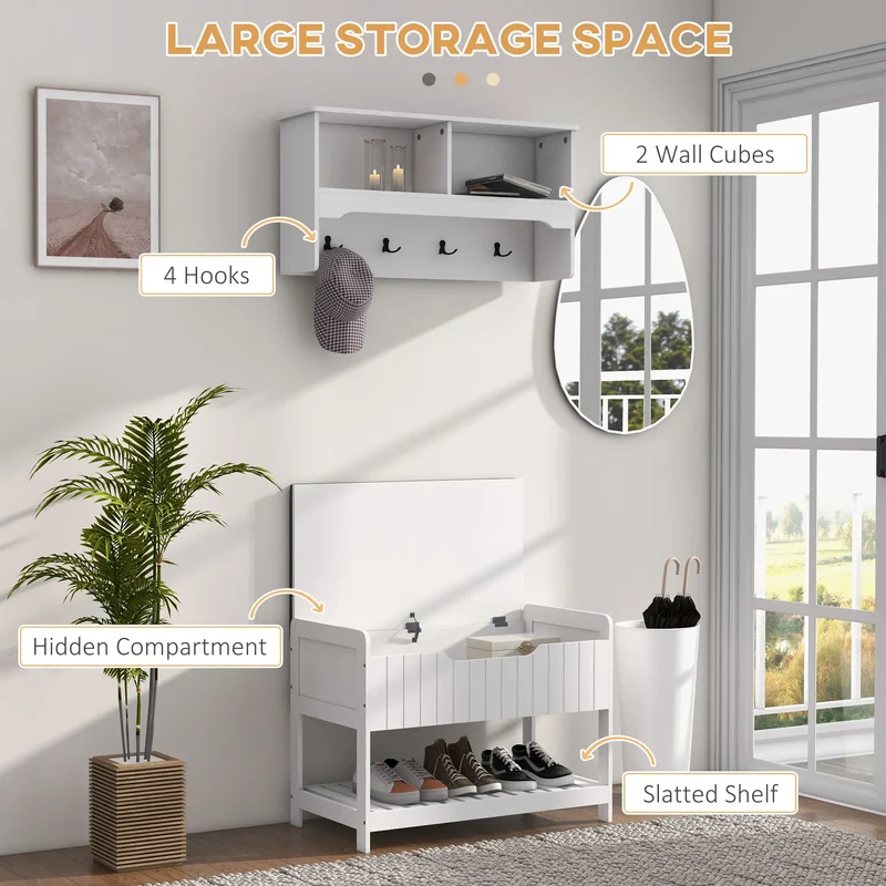 Wall Mounted Coat Rack, Shoe Storage Bench, Hall Tree, White