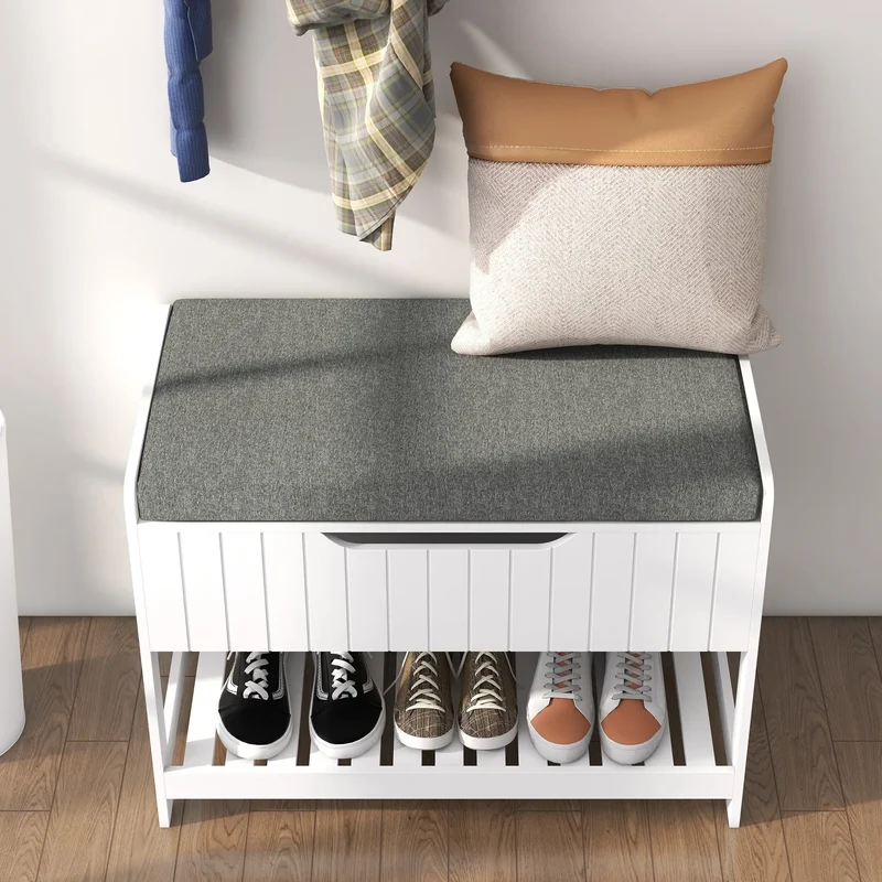 Wall Mounted Coat Rack, Shoe Storage Bench, Hall Tree, White