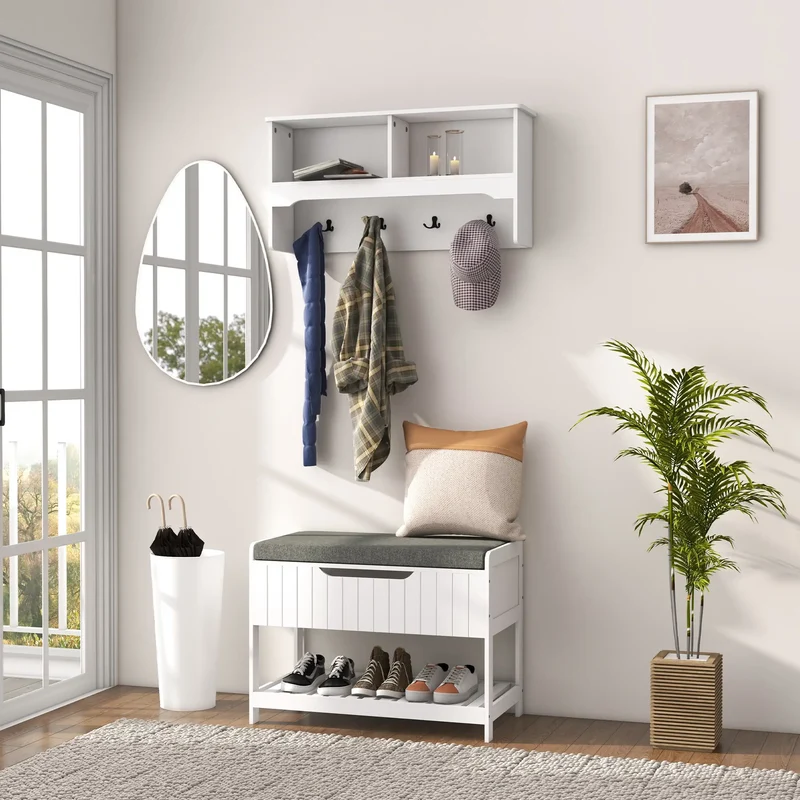 Wall Mounted Coat Rack, Shoe Storage Bench, Hall Tree, White