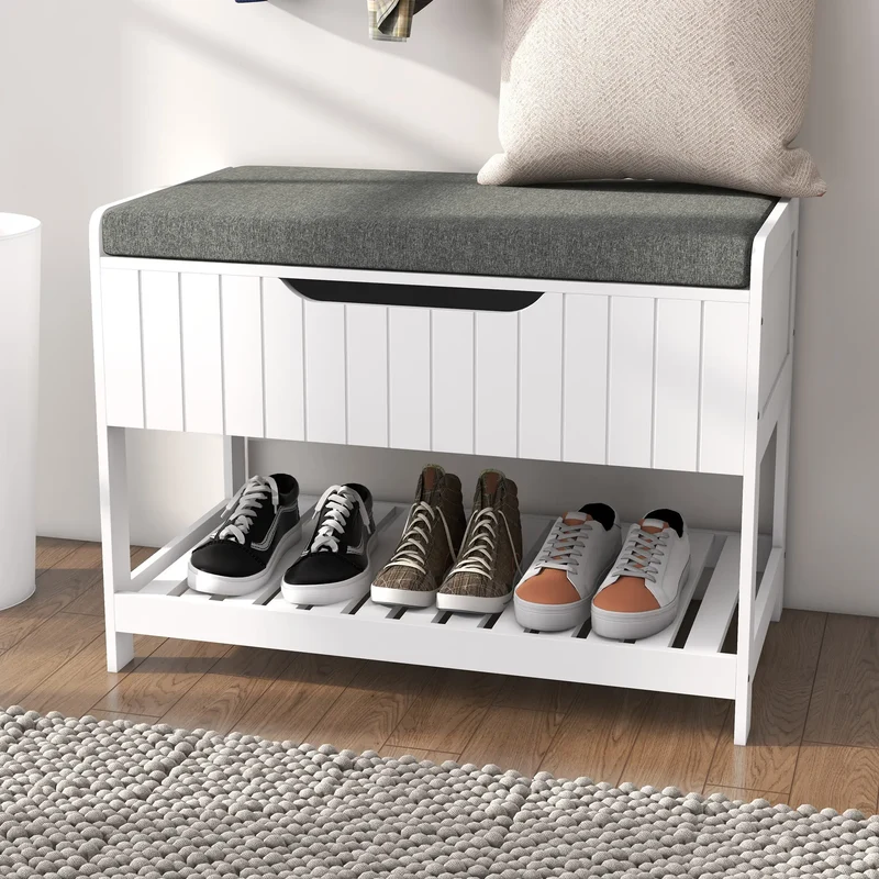 Wall Mounted Coat Rack, Shoe Storage Bench, Hall Tree, White