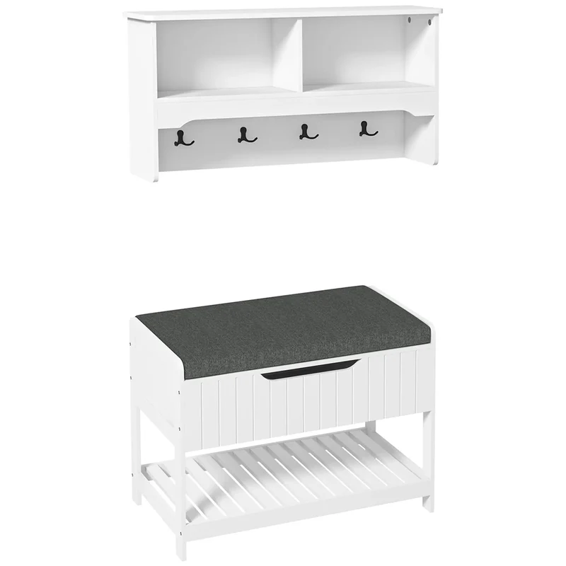 Wall Mounted Coat Rack, Shoe Storage Bench, Hall Tree, White