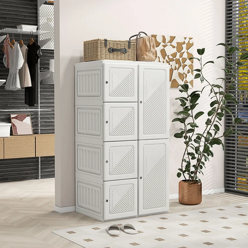 Portable Wardrobe, Foldable Clothes Organizer, 5 Compartments, Hanging Rod, White