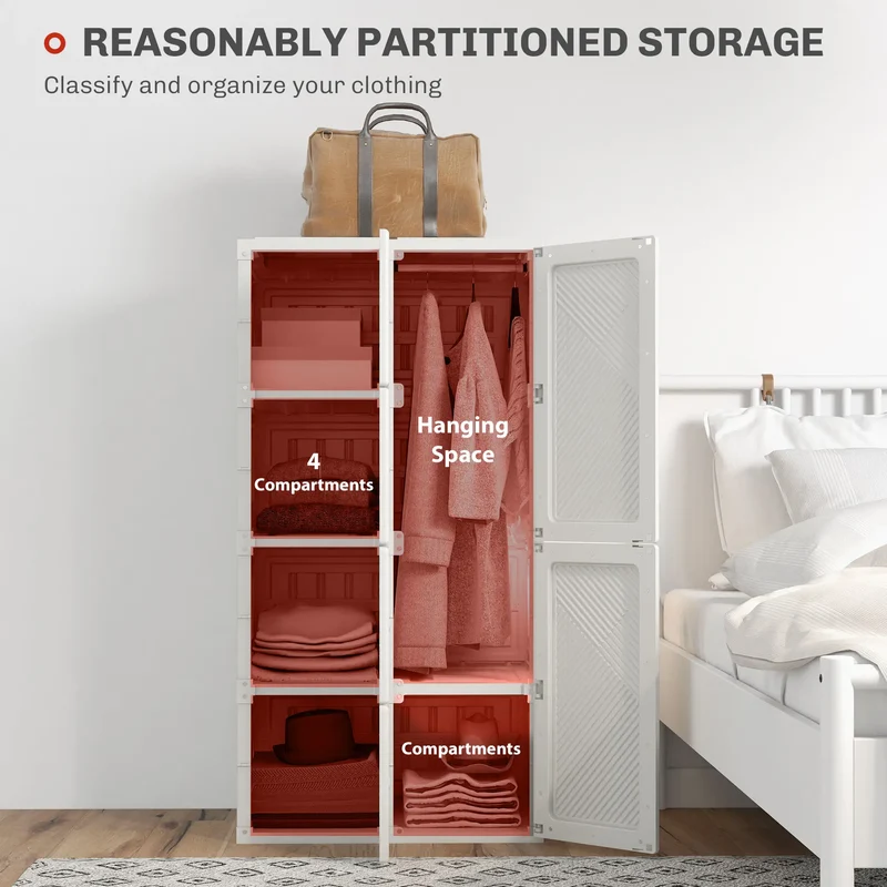 Portable Wardrobe, Foldable Clothes Organizer, 5 Compartments, Hanging Rod, White