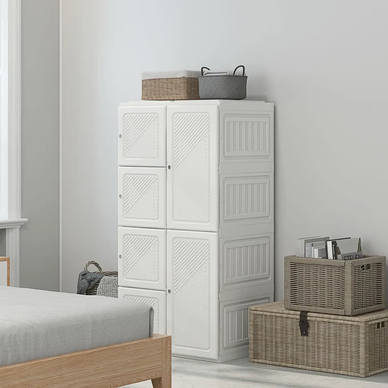 Portable Wardrobe, Foldable Clothes Organizer, 5 Compartments, Hanging Rod, White