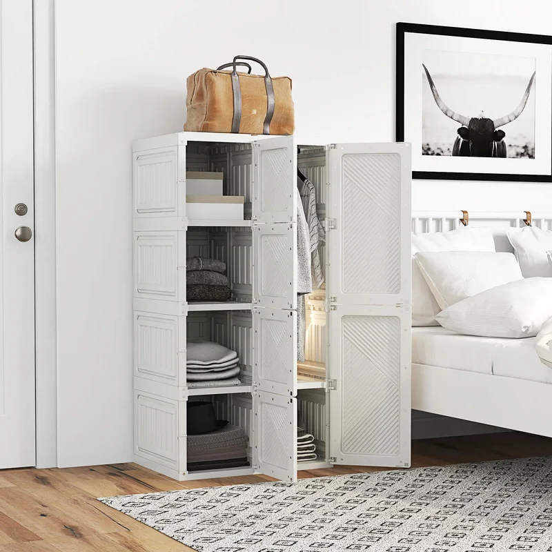 Portable Wardrobe, Foldable Clothes Organizer, 5 Compartments, Hanging Rod, White
