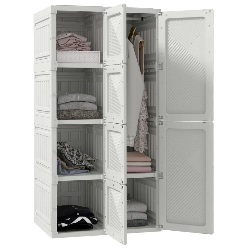 Portable Wardrobe, Foldable Clothes Organizer, 5 Compartments, Hanging Rod, White