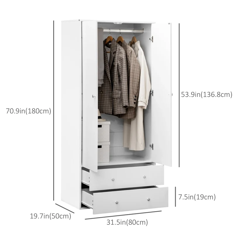 Modern Wardrobe Closet, 2 Drawers, Hanging Rod, Anti-Tipping, White