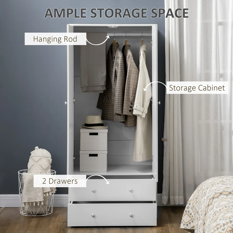 Modern Wardrobe Closet, 2 Drawers, Hanging Rod, Anti-Tipping, White