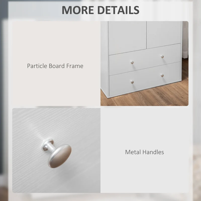 Modern Wardrobe Closet, 2 Drawers, Hanging Rod, Anti-Tipping, White