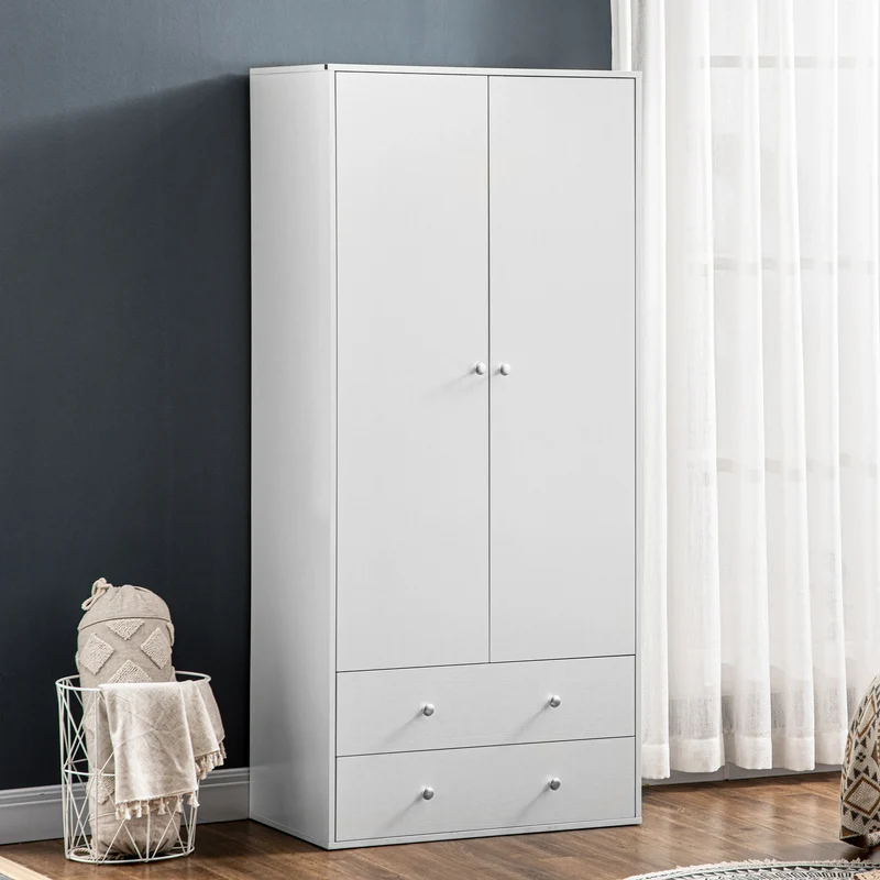 Modern Wardrobe Closet, 2 Drawers, Hanging Rod, Anti-Tipping, White