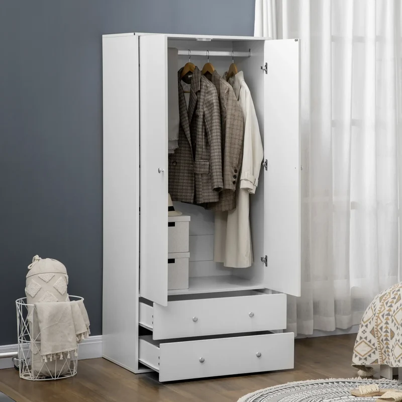 Modern Wardrobe Closet, 2 Drawers, Hanging Rod, Anti-Tipping, White