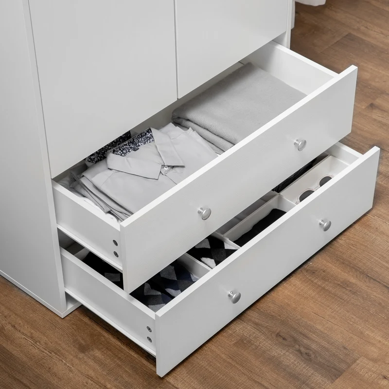 Modern Wardrobe Closet, 2 Drawers, Hanging Rod, Anti-Tipping, White