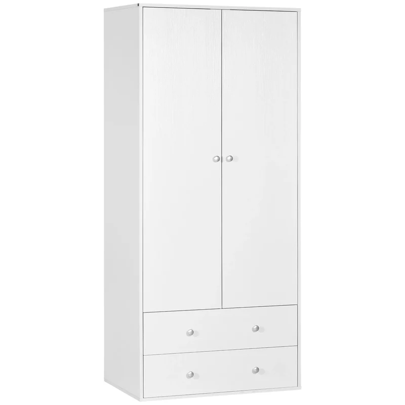 Modern Wardrobe Closet, 2 Drawers, Hanging Rod, Anti-Tipping, White