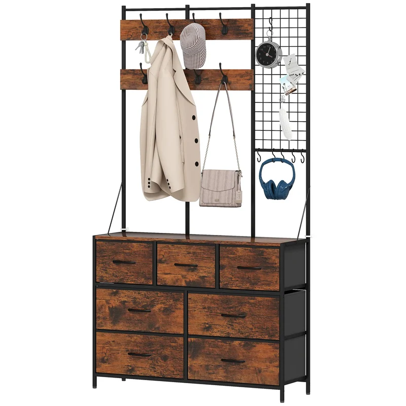 4-In-1 Coat Rack, 7 Drawer Fabric Dresser, Hall Tree 14 Hooks, Rustic Brown
