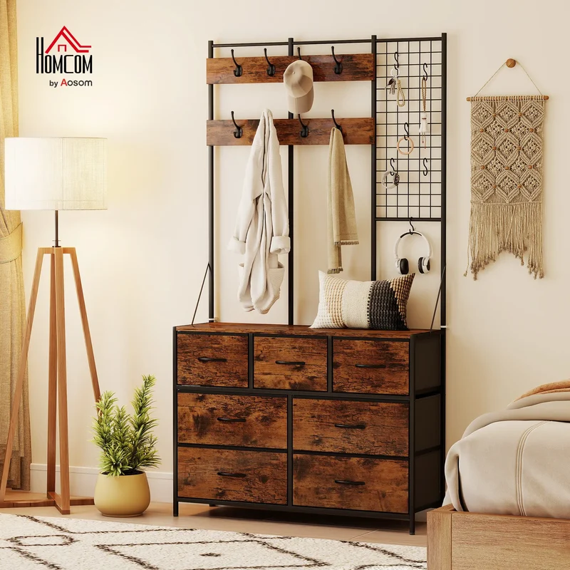 4-In-1 Coat Rack, 7 Drawer Fabric Dresser, Hall Tree 14 Hooks, Rustic Brown