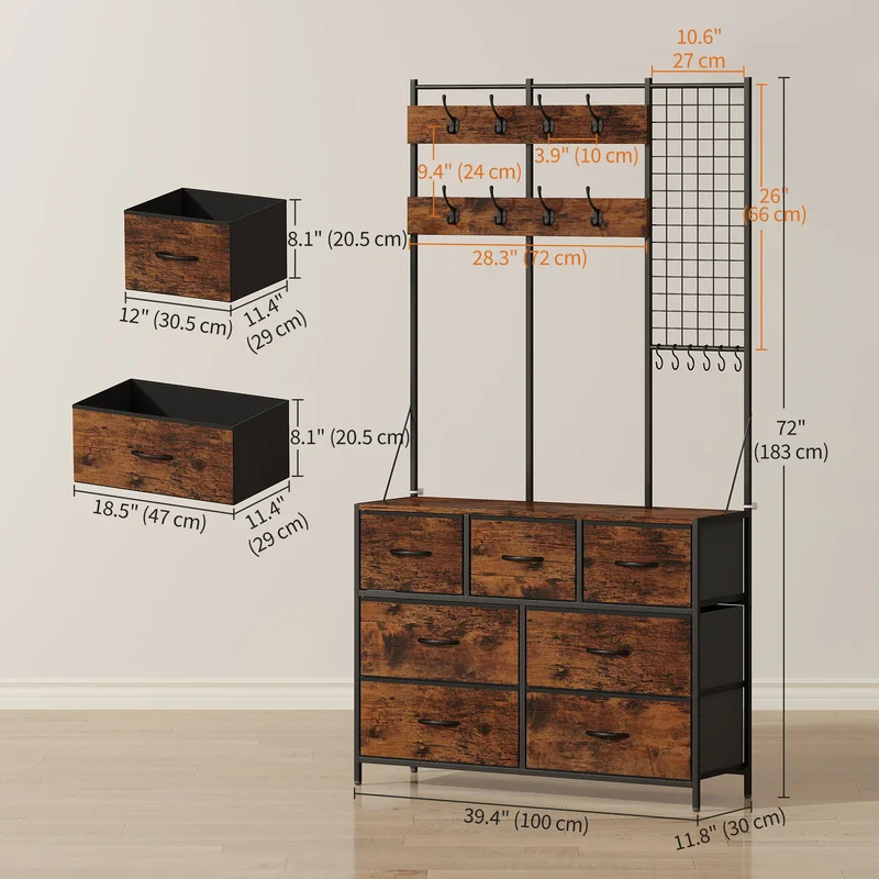 4-In-1 Coat Rack, 7 Drawer Fabric Dresser, Hall Tree 14 Hooks, Rustic Brown