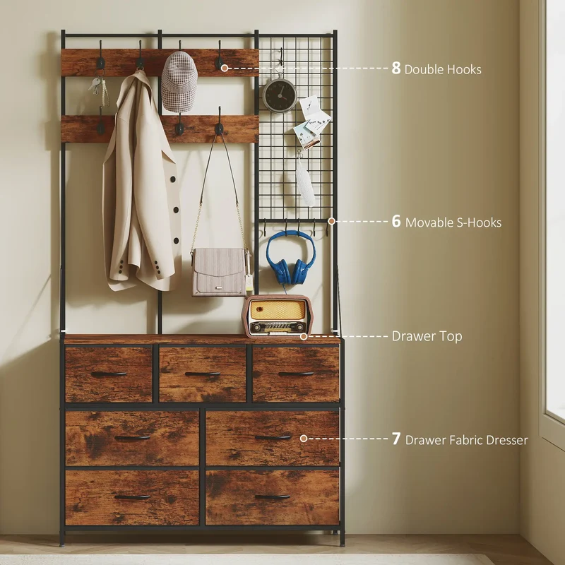 4-In-1 Coat Rack, 7 Drawer Fabric Dresser, Hall Tree 14 Hooks, Rustic Brown