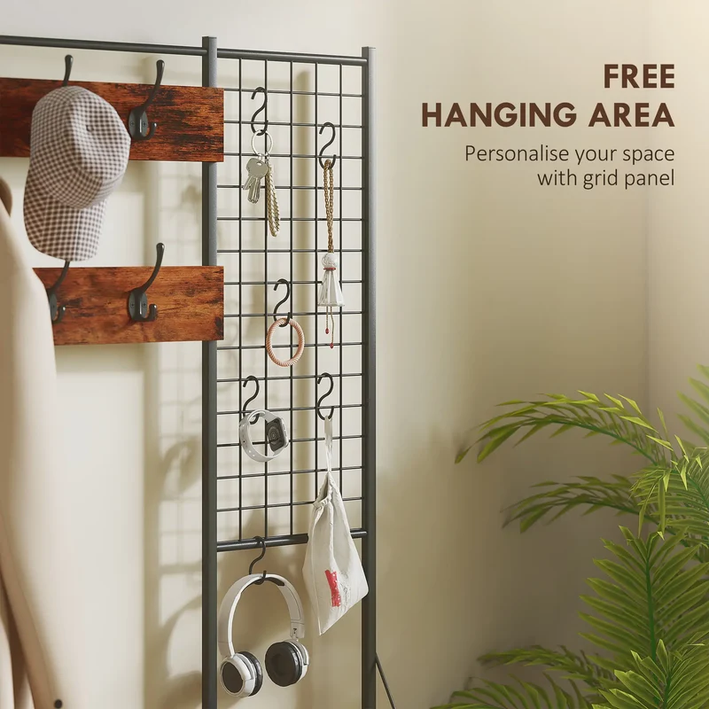 4-In-1 Coat Rack, 7 Drawer Fabric Dresser, Hall Tree 14 Hooks, Rustic Brown