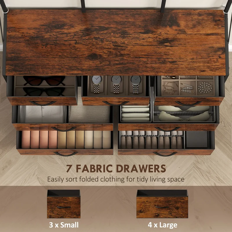 4-In-1 Coat Rack, 7 Drawer Fabric Dresser, Hall Tree 14 Hooks, Rustic Brown